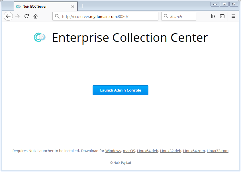 Web browser page for the ECC Server, showing the Launch Admin Console button and links to download Nuix Launcher for various platforms.